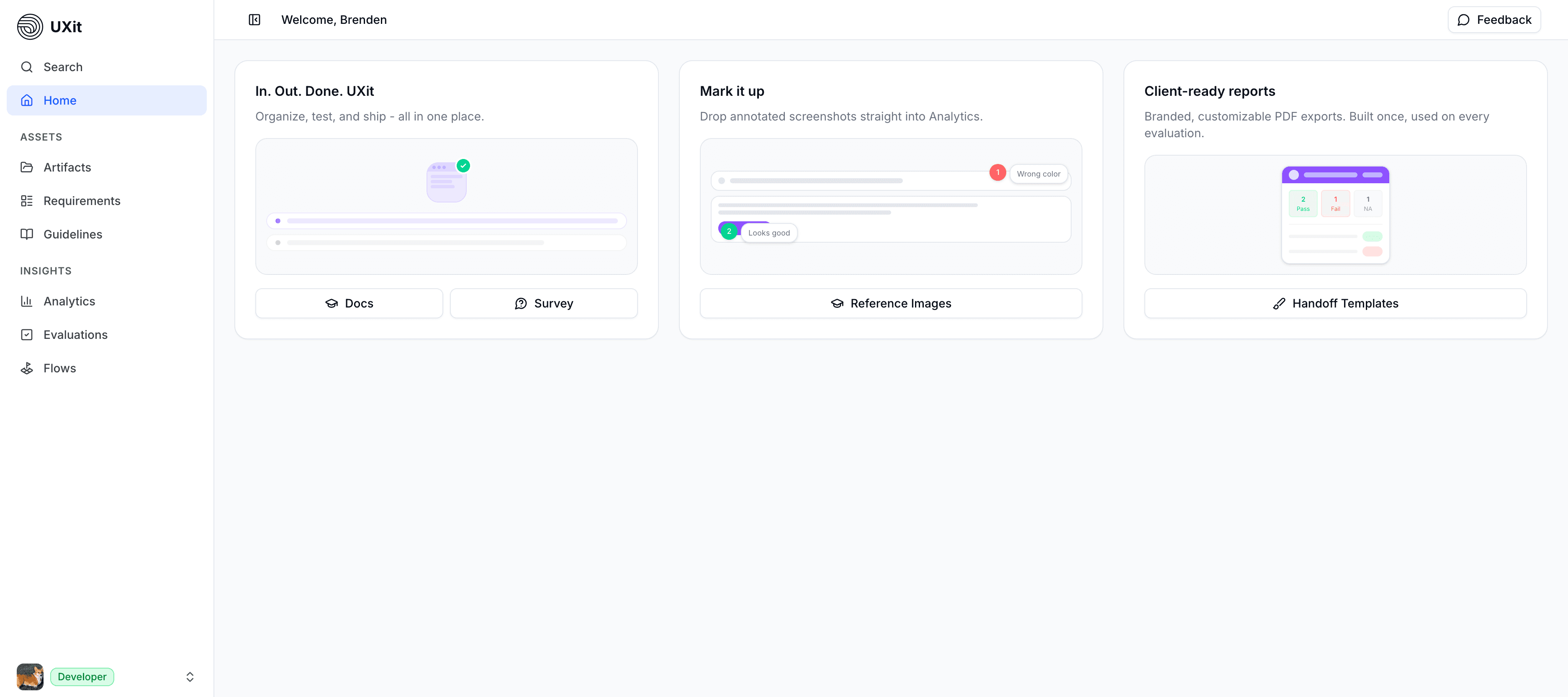 UXit home dashboard showing UX validation workspace