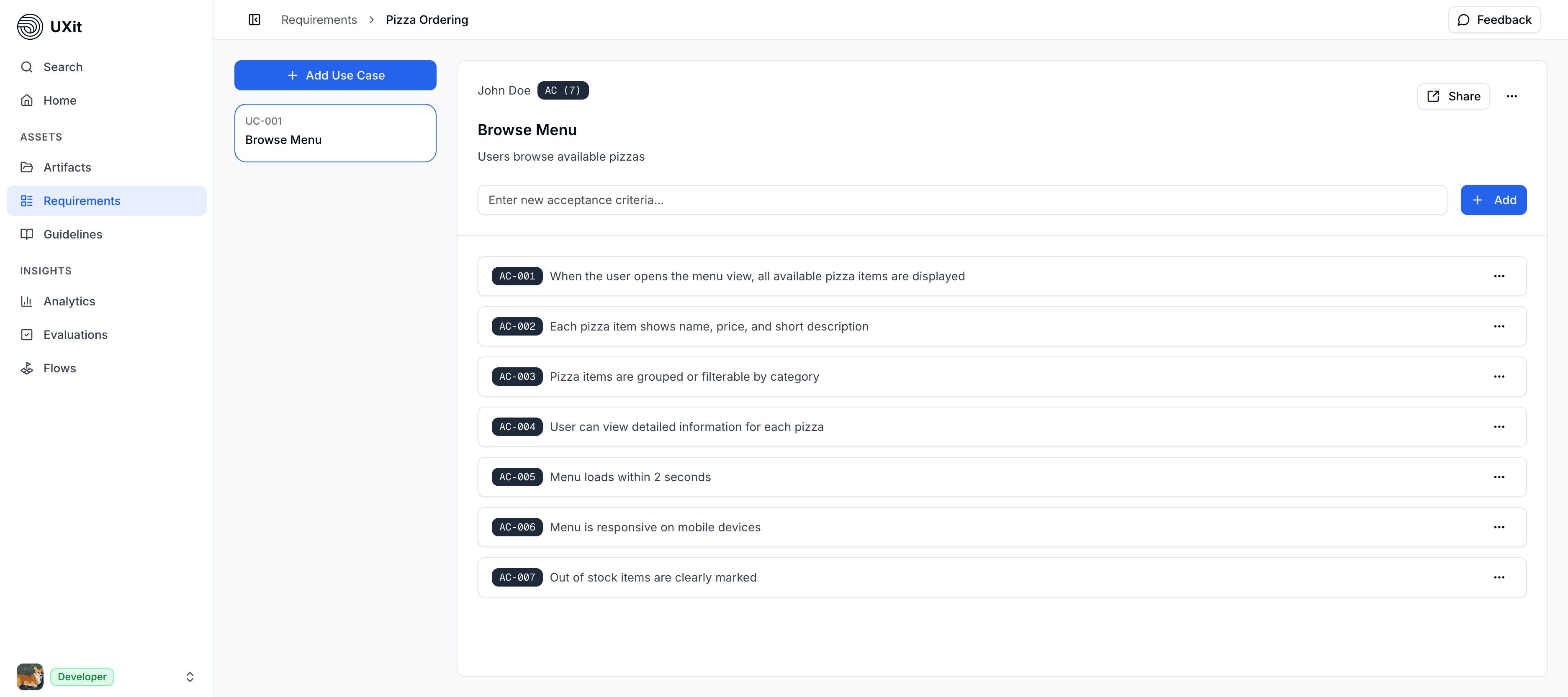 UXit requirements and acceptance criteria workspace