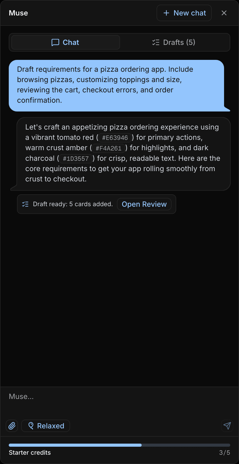 Muse Chat with a prompt, response, image attachment control, mode selector, and starter credits